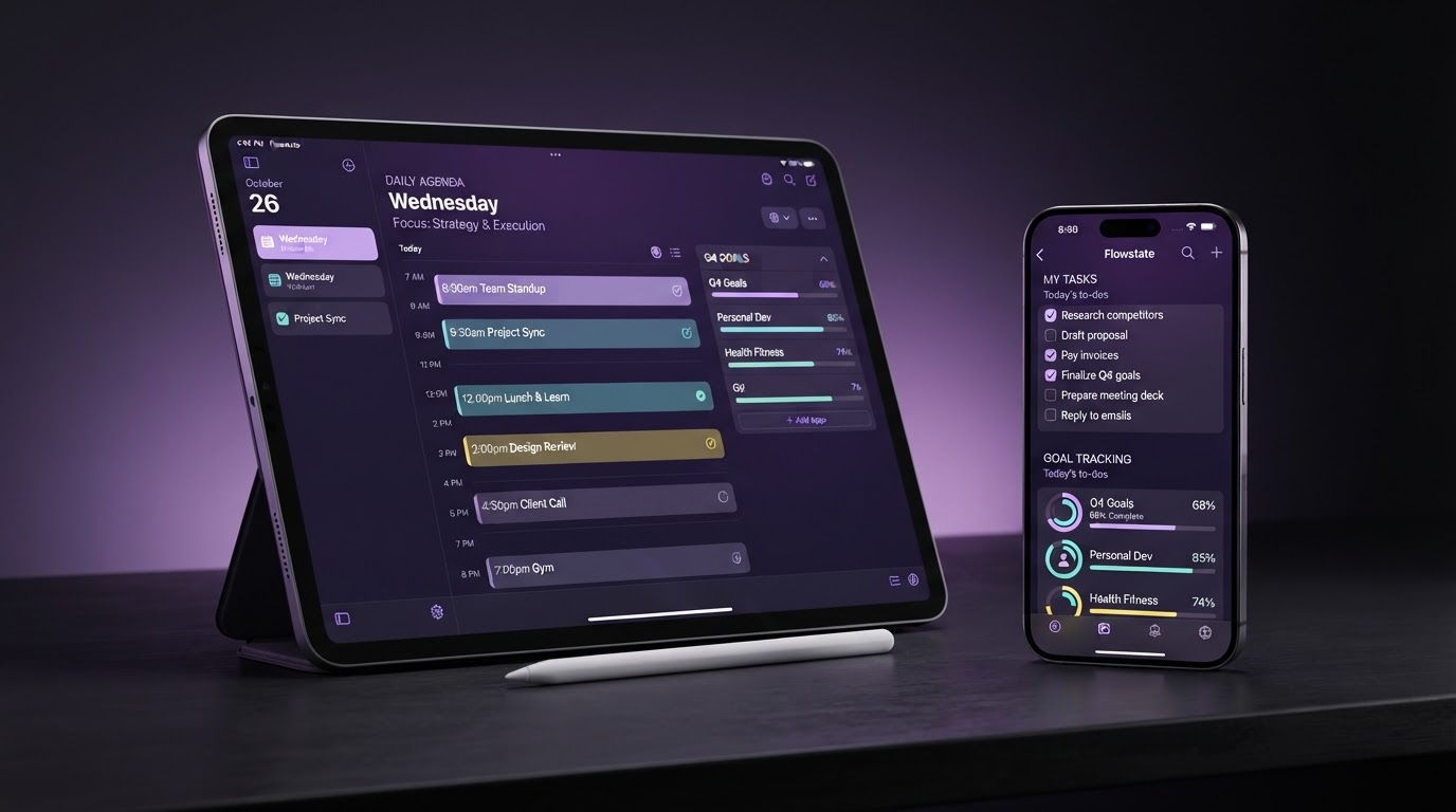 FocusFlow planner shown across a tablet and phone with a weekly schedule view