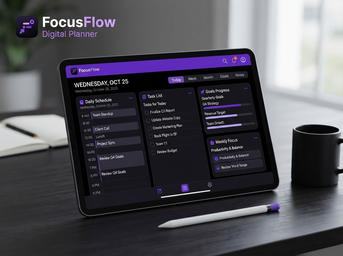 FocusFlow Digital Planner shown on a tablet with daily schedule, tasks, and goals