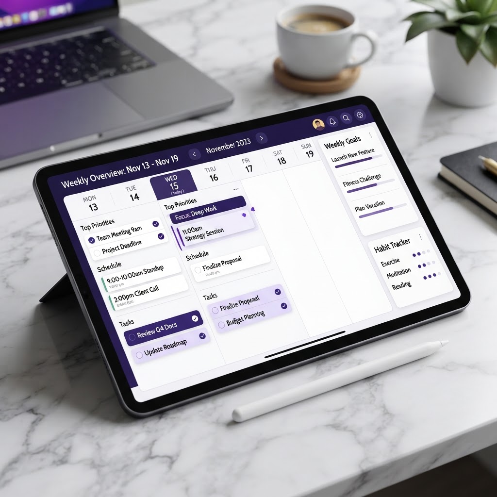 FocusFlow daily planner page with tasks and priorities
