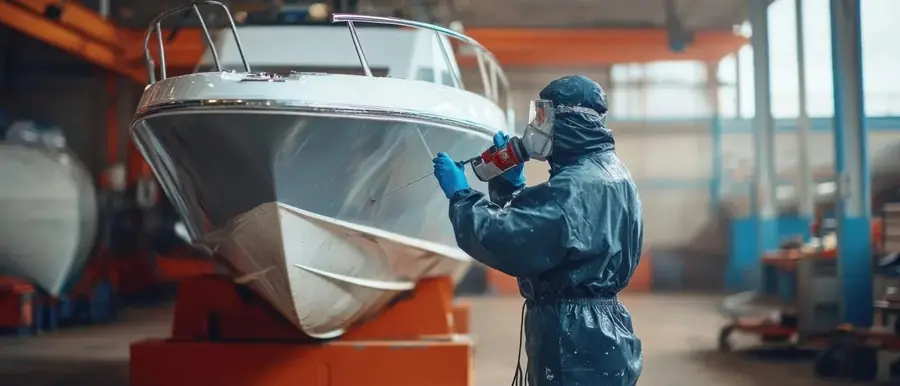 Technician applying finish coat to boat hull in repair bay