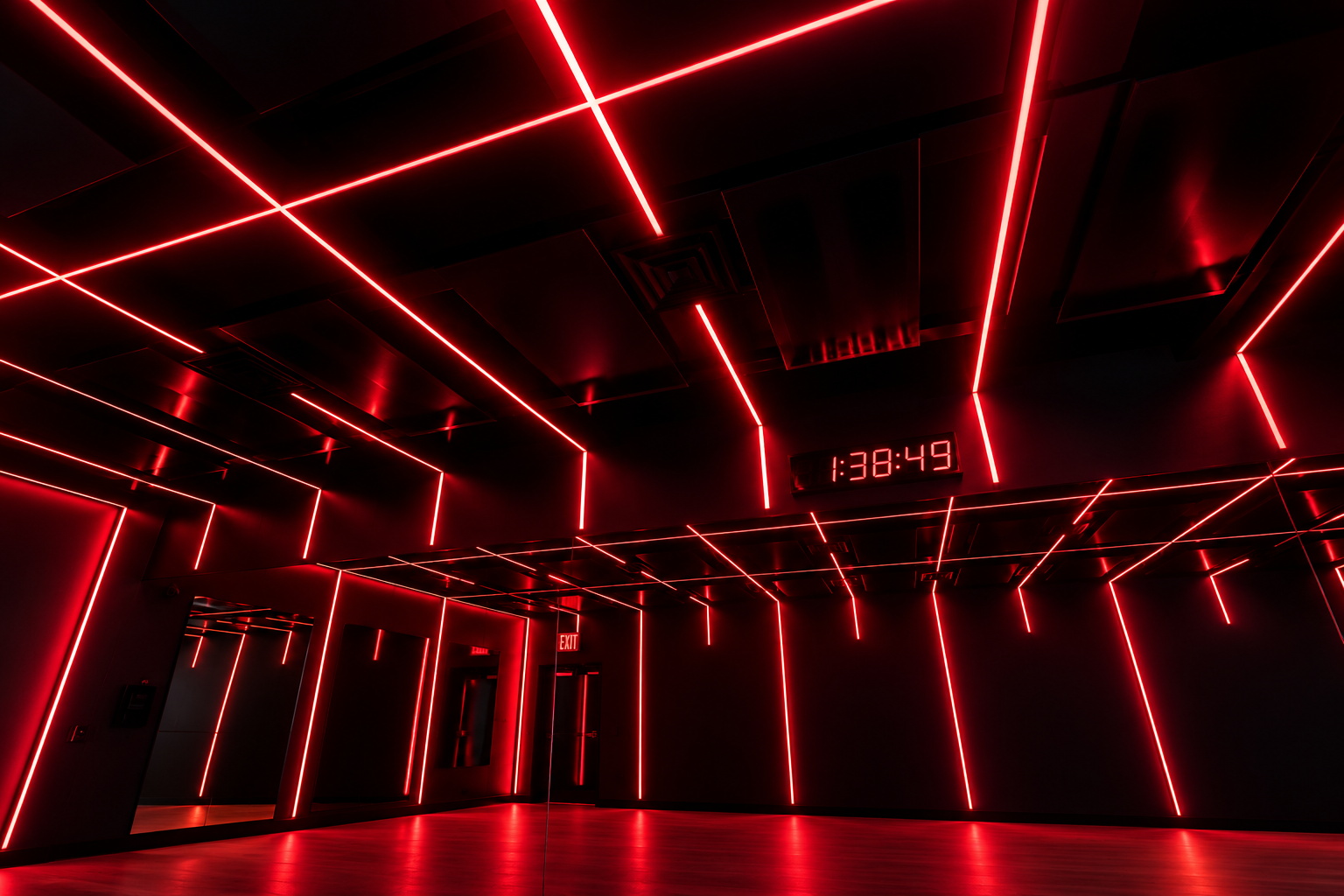 SL:54 heated infrared Pilates studio interior with signature neon ceiling grid and illuminated logo
