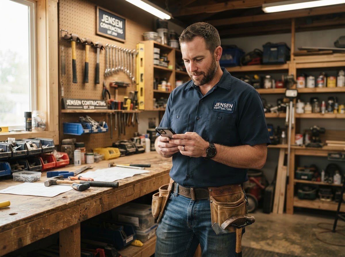 Small business service owner glancing at his smartphone to read a new lead notification in his workshop