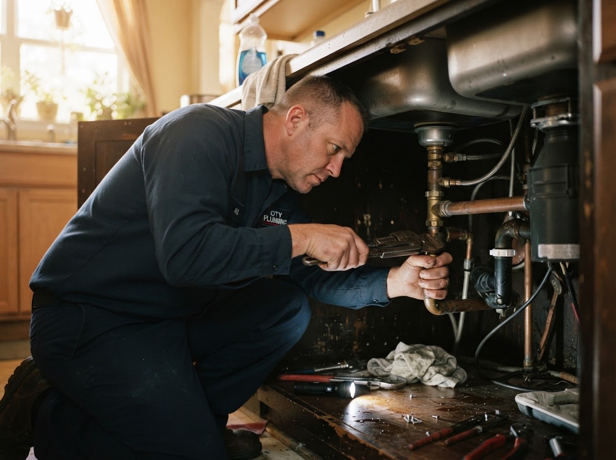 Plumber in a navy work uniform actively working under a kitchen sink while the phone rings