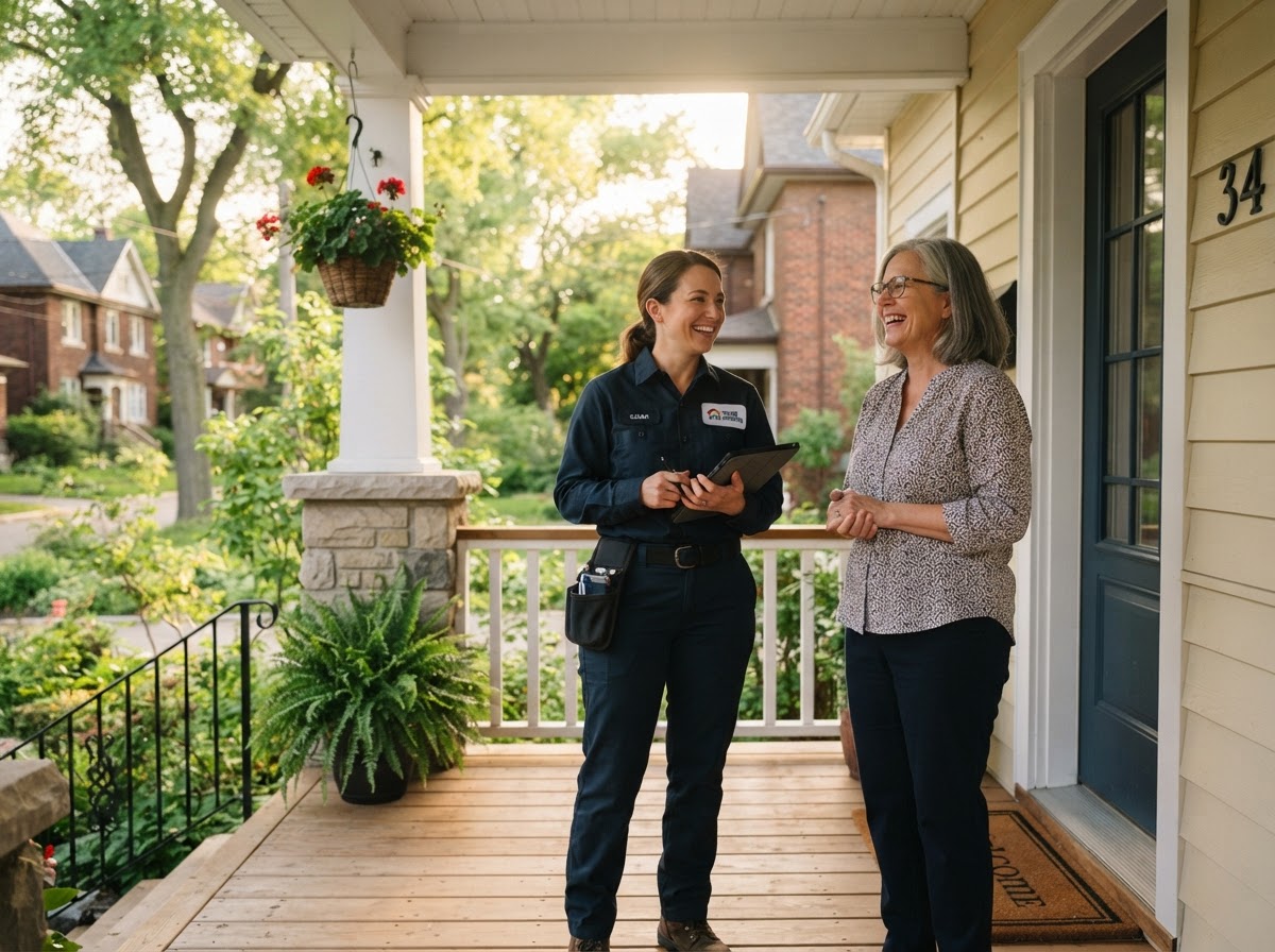 Friendly home service professional talking with a homeowner on the front porch, both relaxed