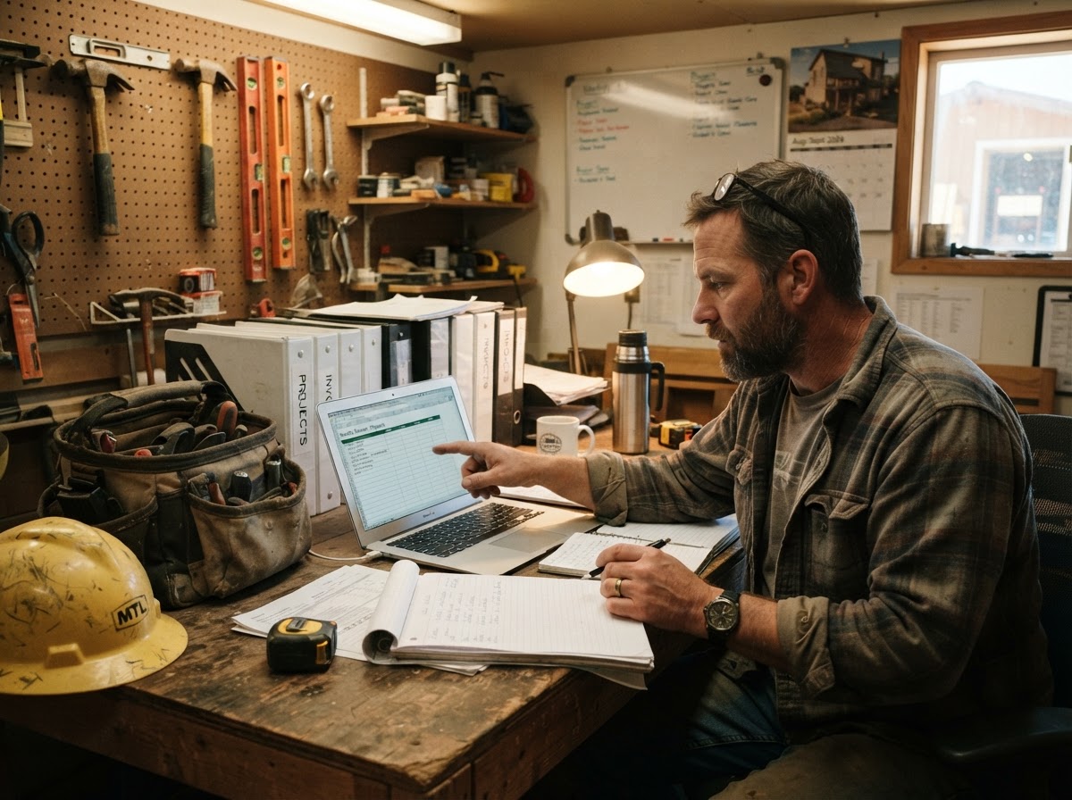 Contractor reviewing the upcoming work schedule on a laptop at an organized small business desk