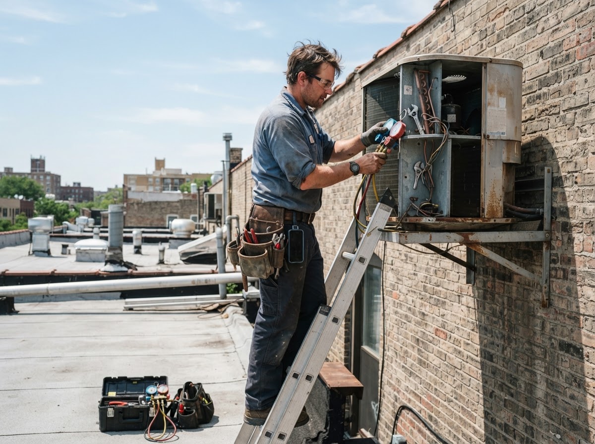 HVAC technician working on a tall ladder servicing an outdoor AC unit, unable to answer the phone