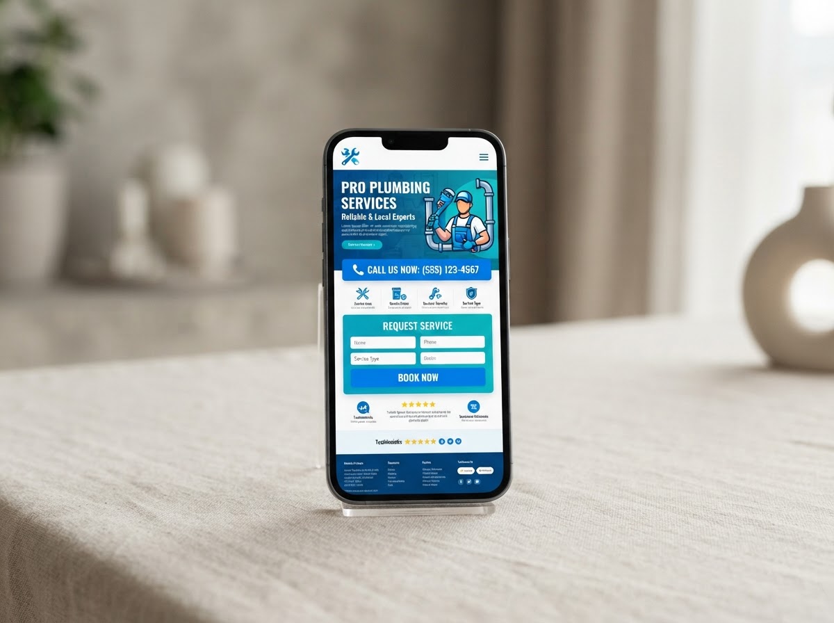BookedCue Smart Site shown as a mobile-first contractor service website with a prominent call button