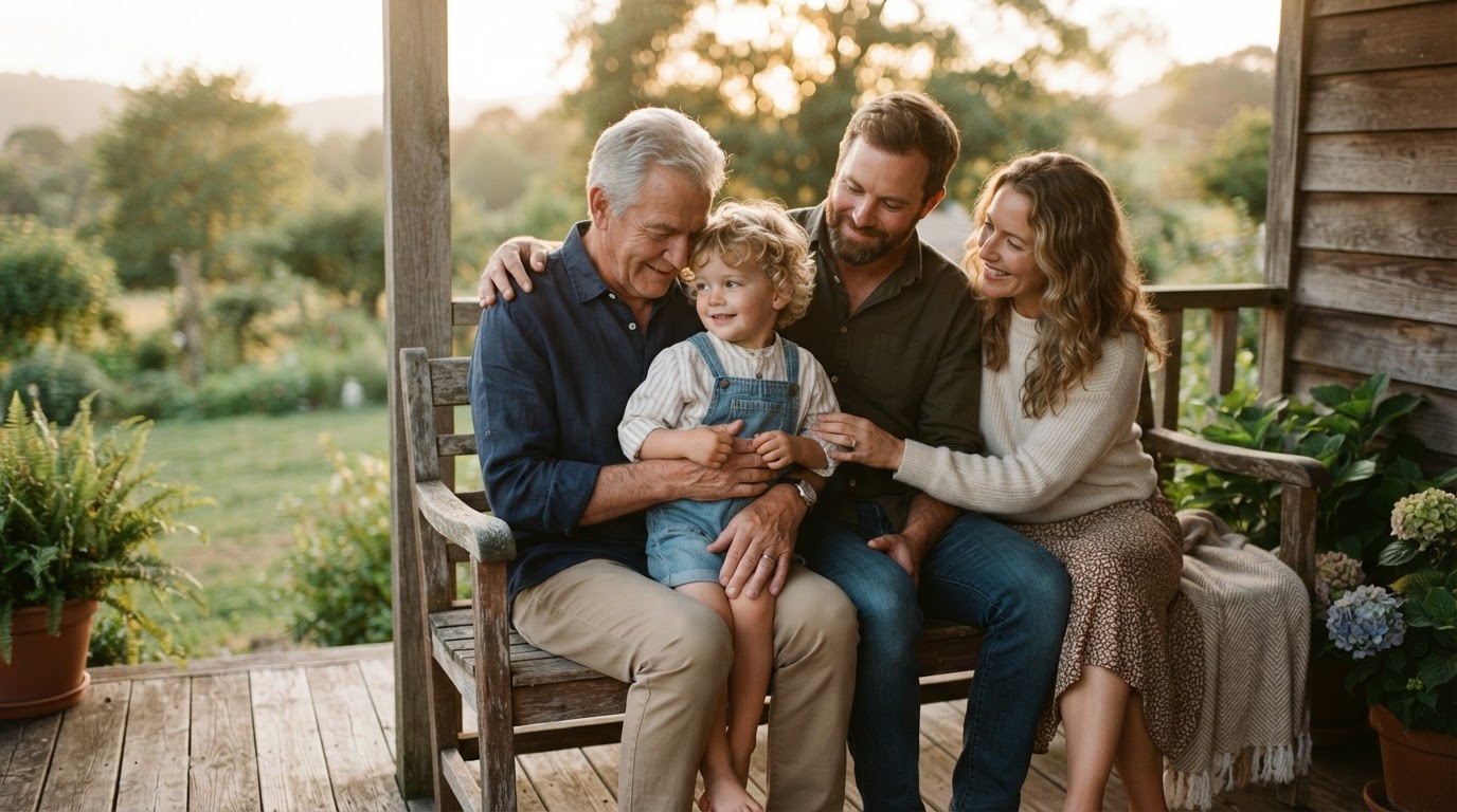 A multigenerational family sharing a warm moment together on a sunlit porch