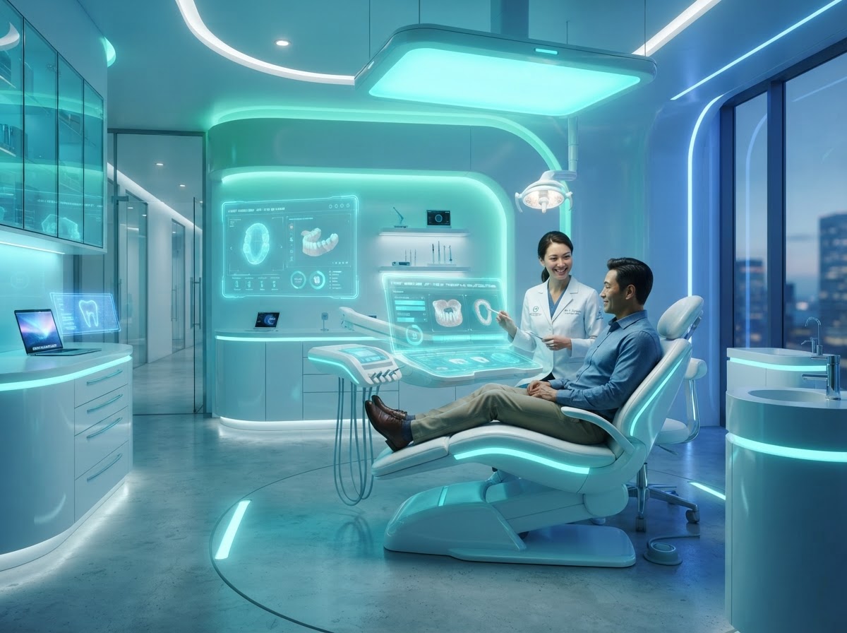 Clínica dental moderna con iluminación turquesa y azul cielo y panel de agenda inteligente