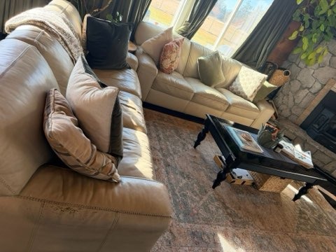 Plush Leather Living Area & Stone Fireplace Cleaning