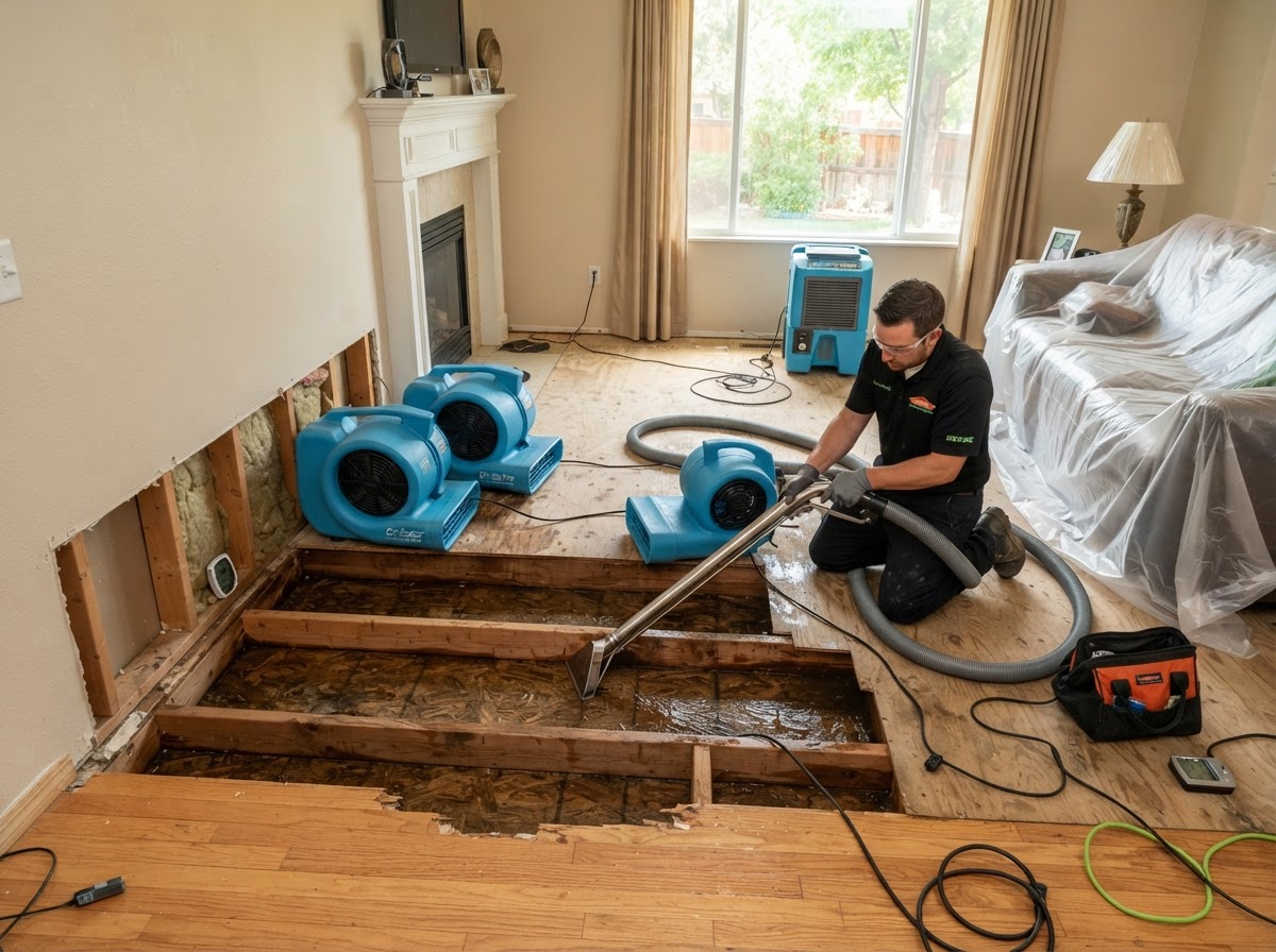 Industrial water extraction wand and heavy-duty air movers drying wet structural subfloor in residential property near Seneca SC