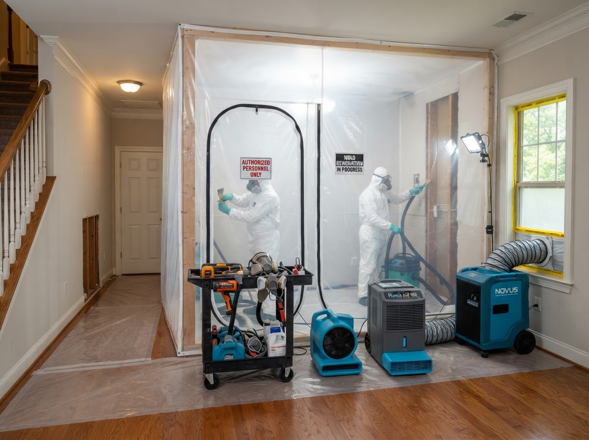 Controlled mold remediation containment barrier with HEPA negative air filtration unit running in Upstate South Carolina home