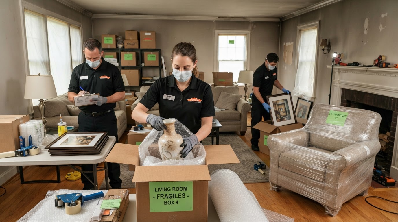 Restoration team packing and documenting household contents in a Seneca SC property
