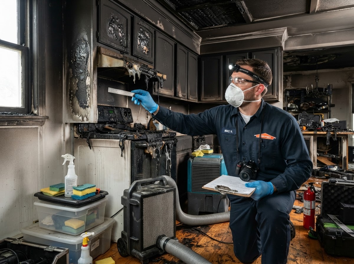 Professional restoration specialist cleaning smoke and soot residue from walls and ceiling trim in Seneca home