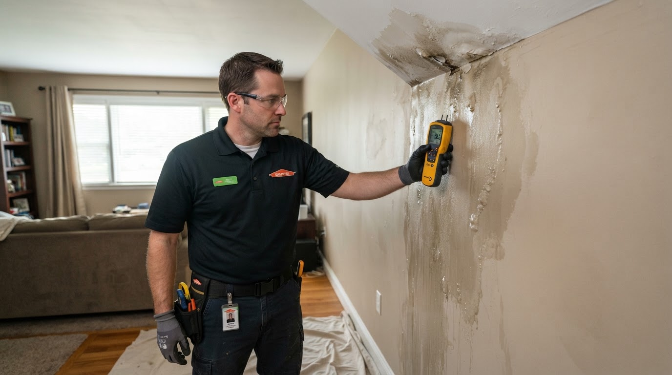 Restoration technician assessing plumbing leak water damage inside a Pendleton SC property