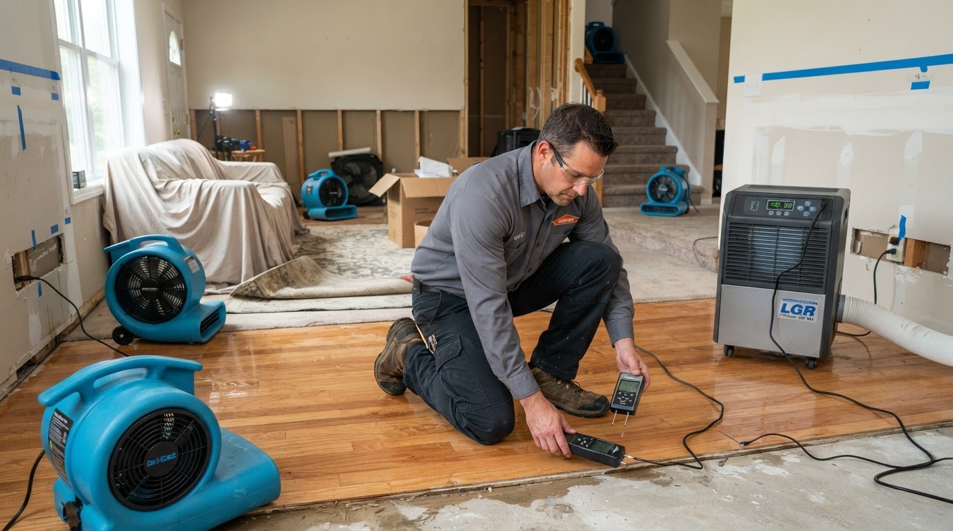 Air movers and dehumidification equipment drying a water-damaged Seneca SC property