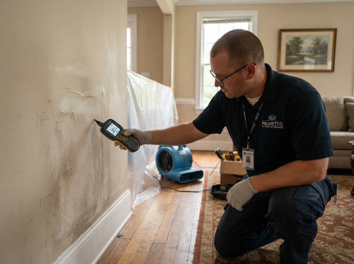 Water damage restoration technician working in Seneca SC