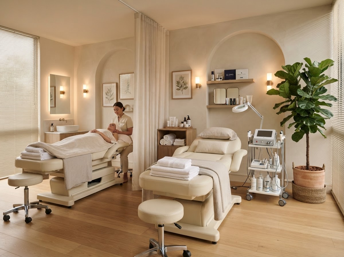 Beauty treatment room with reclining treatment beds