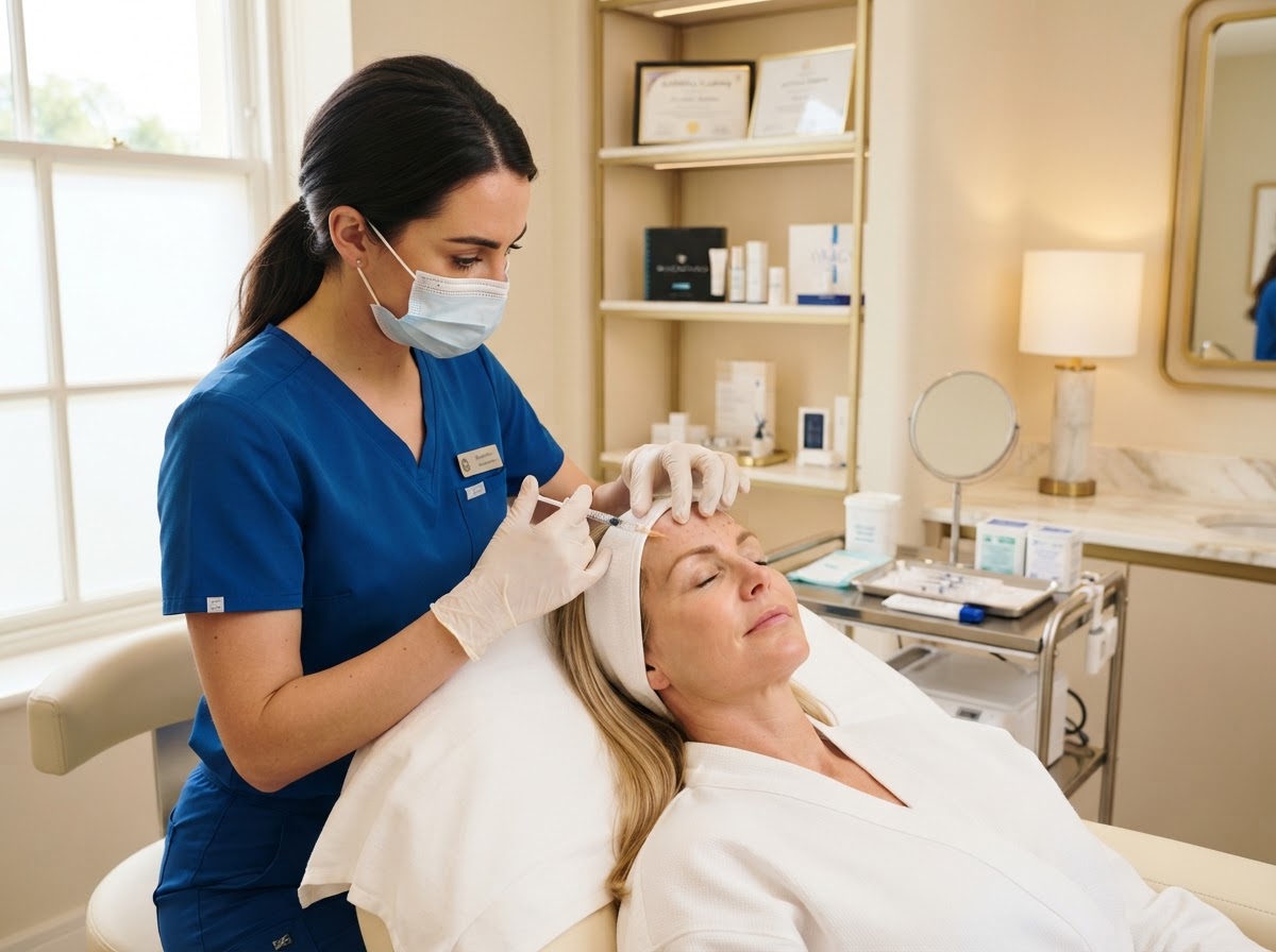 Gloved practitioner treating the forehead of a reclining client during Fast Track Foundation Dermal Fillers & Anti-Wrinkle training in Bexleyheath, London