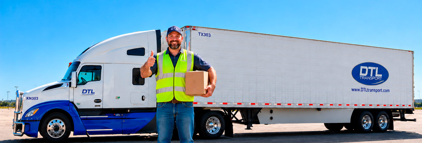 DTL Transport driver giving thumbs up with truck and refrigerated trailer