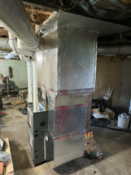 Full mechanical room build: Amana furnace, sealed return drop and foil-faced plenum