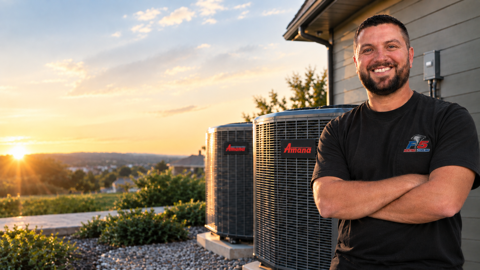 Austin Fancher beside Amana heating and cooling systems