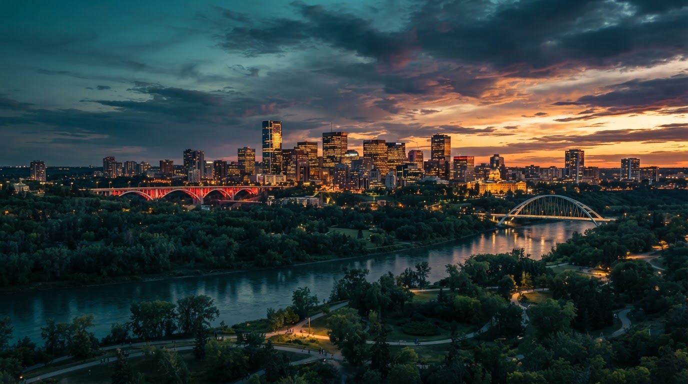 Downtown Edmonton skyline at dusk seen across the river valley
