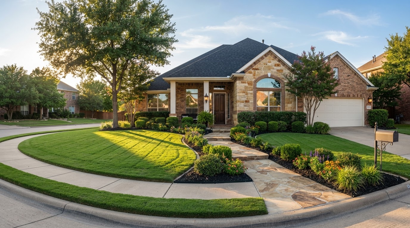 Freshly mowed front lawn of a Fort Worth home with trimmed shrubs and mulch beds
