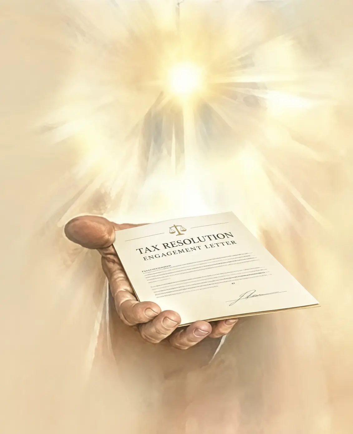 Glowing hand presenting a signed Tax Resolution Engagement Letter