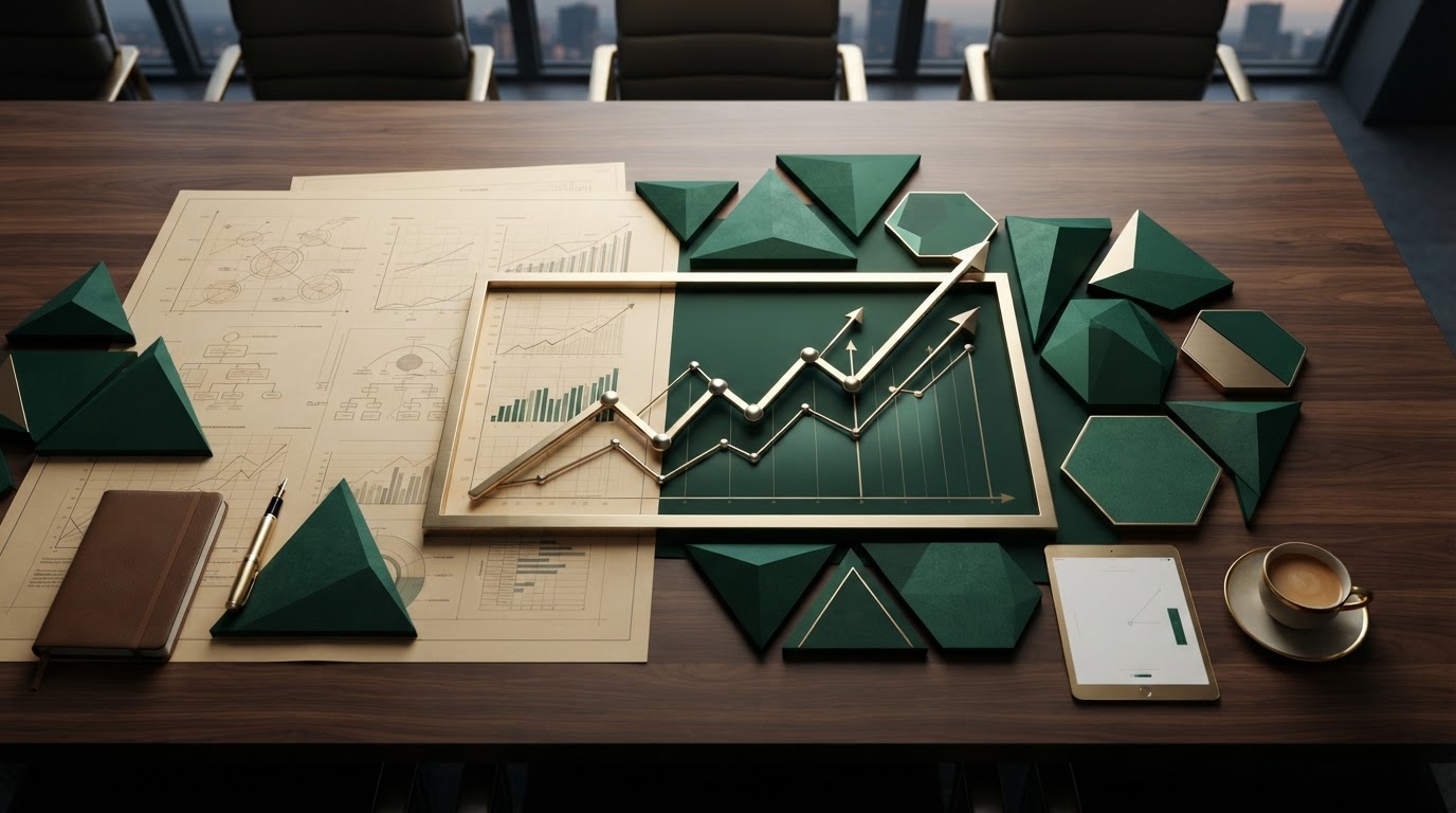 Strategy table with growth chart and planning documents