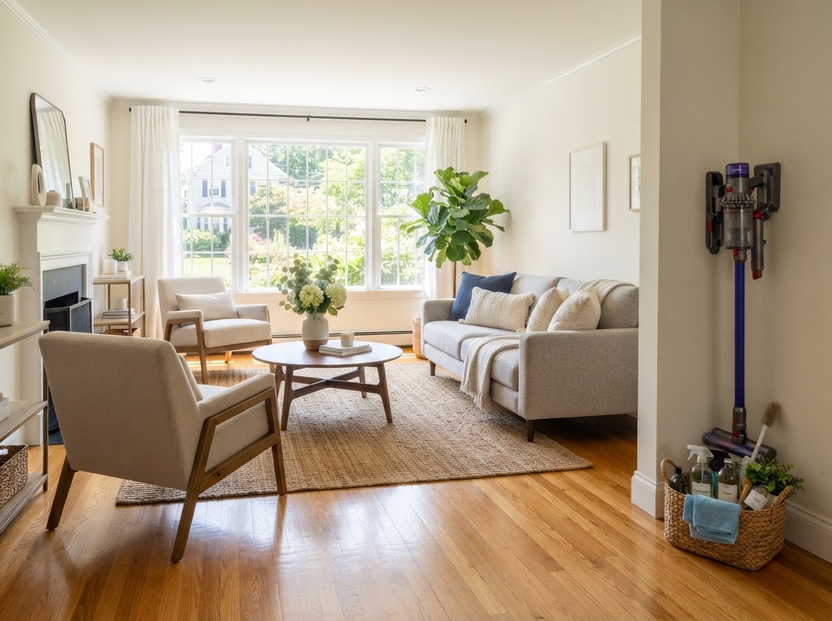 Clean modern living room in a Greater Boston home