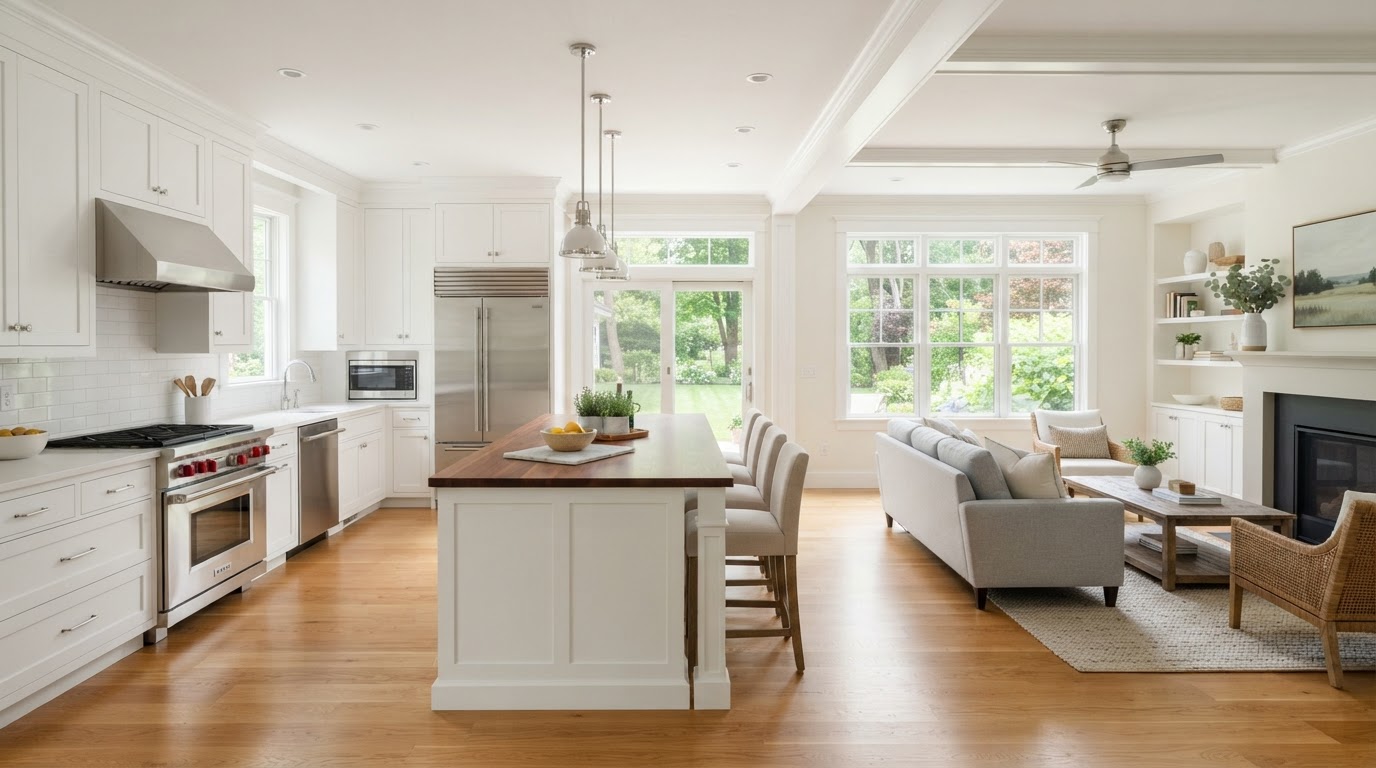 Clean modern kitchen with gleaming oven and refrigerator