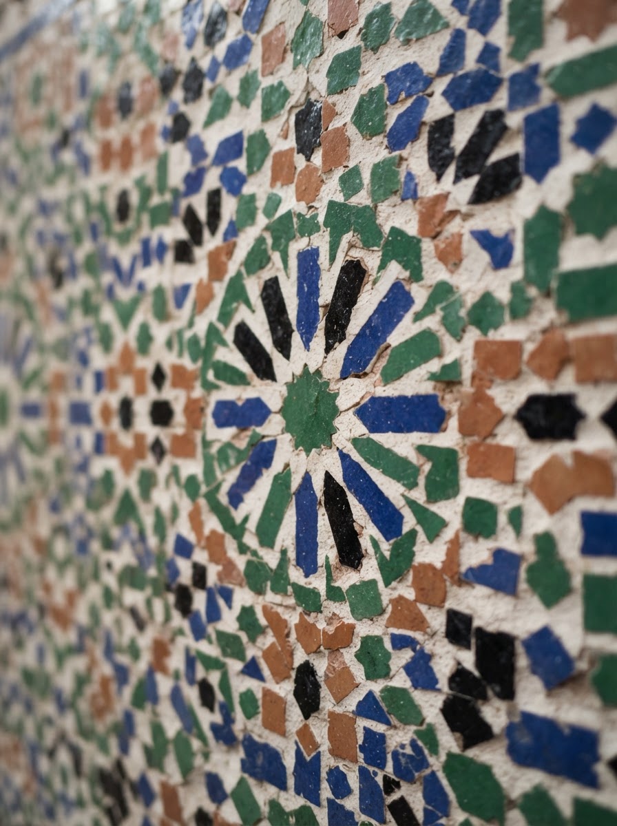 Close-up of hand-cut terracotta and green zellige tilework