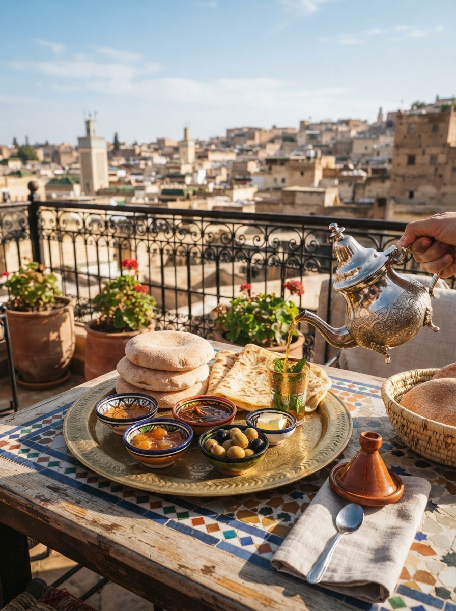 Moroccan breakfast with mint tea served on the terrace