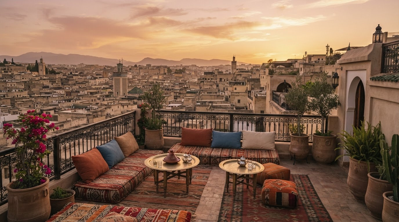 The rooftop terrace of Riad Dar Amina overlooking the Fes medina at sunset