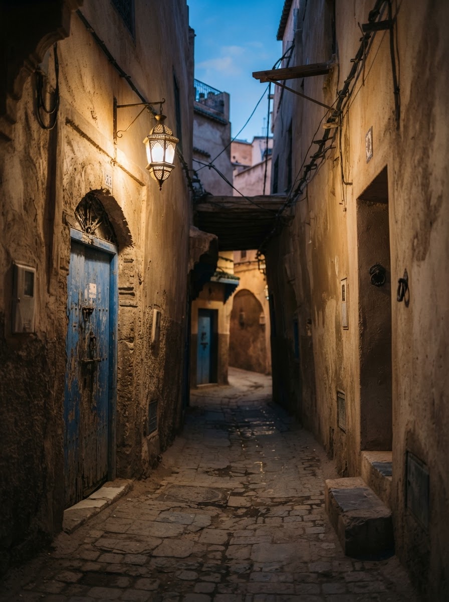 A lantern-lit alley in the Fes medina near the riad