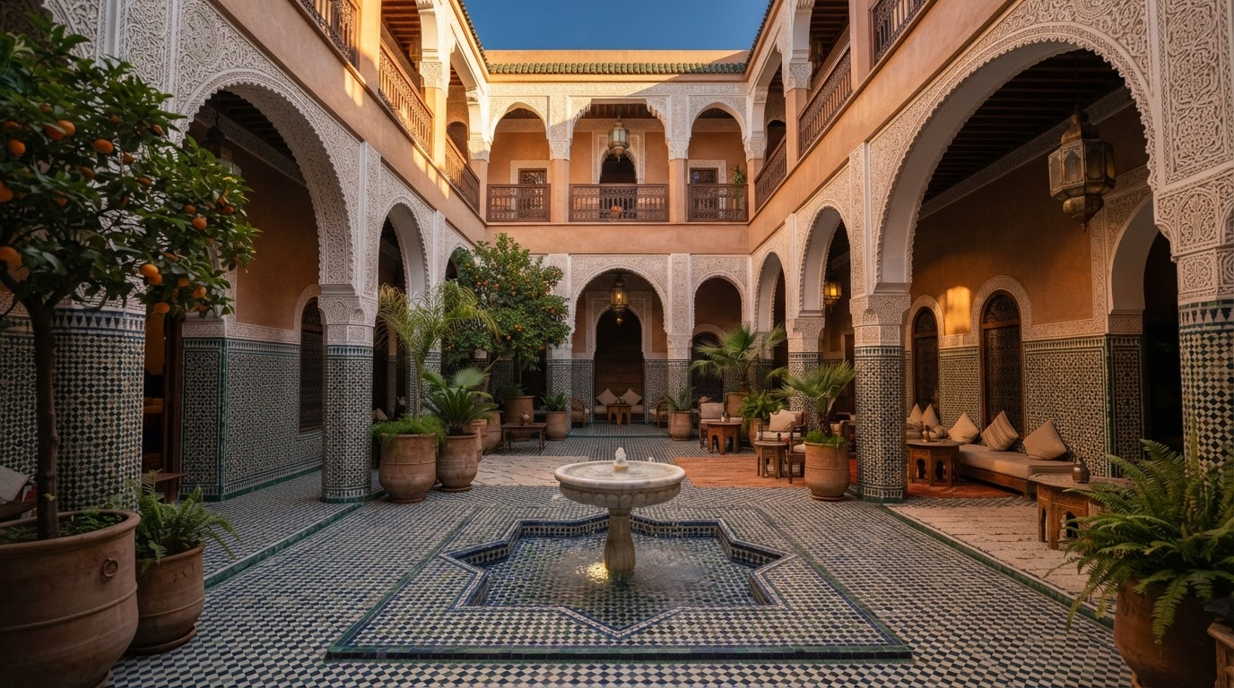 The central courtyard of Riad Dar Amina in Fes, with its marble fountain and zellige walls