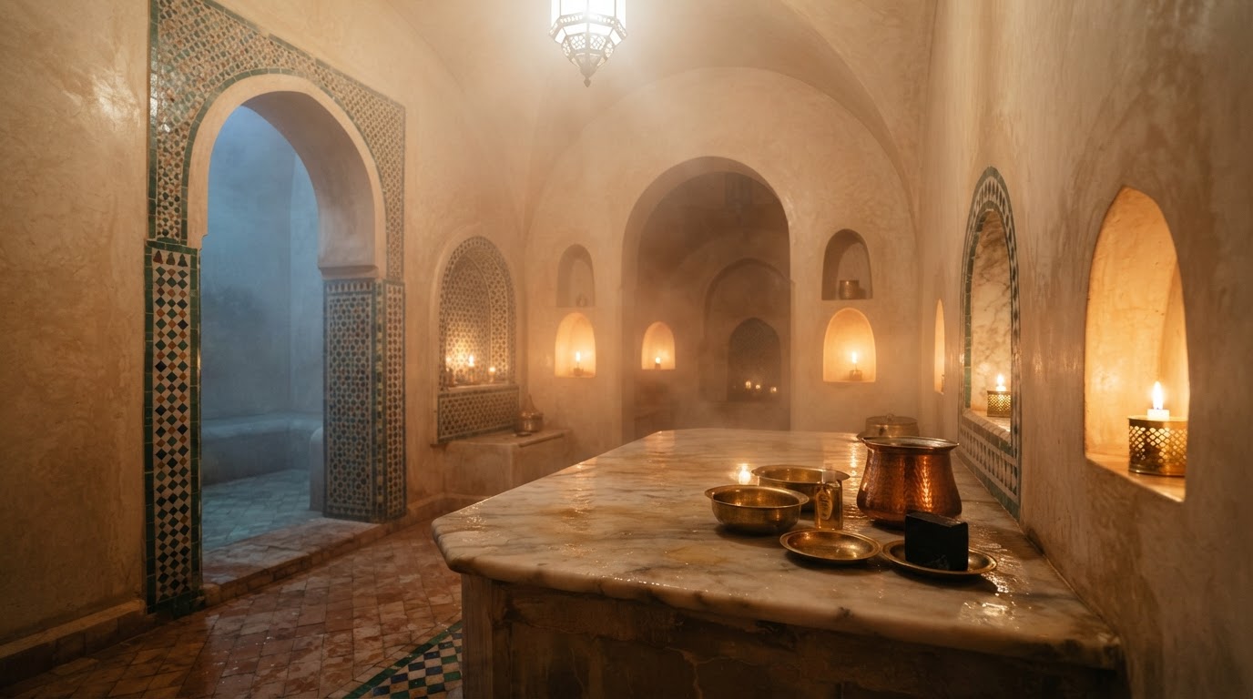 The hammam with warm tadelakt walls and candlelight