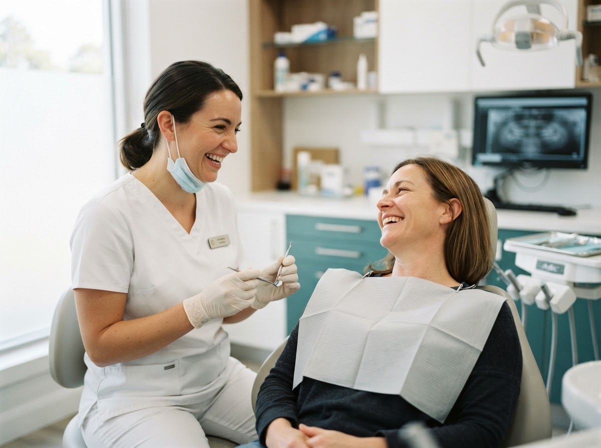 Friendly dentist smiling warmly with a patient in a bright, modern clinic