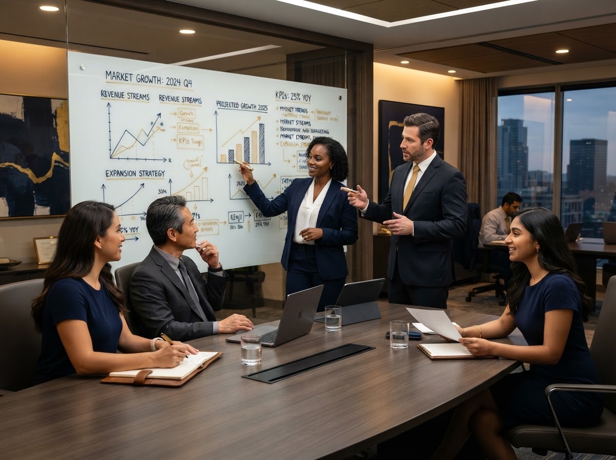 Ntmer USA consulting team collaborating around a strategy board