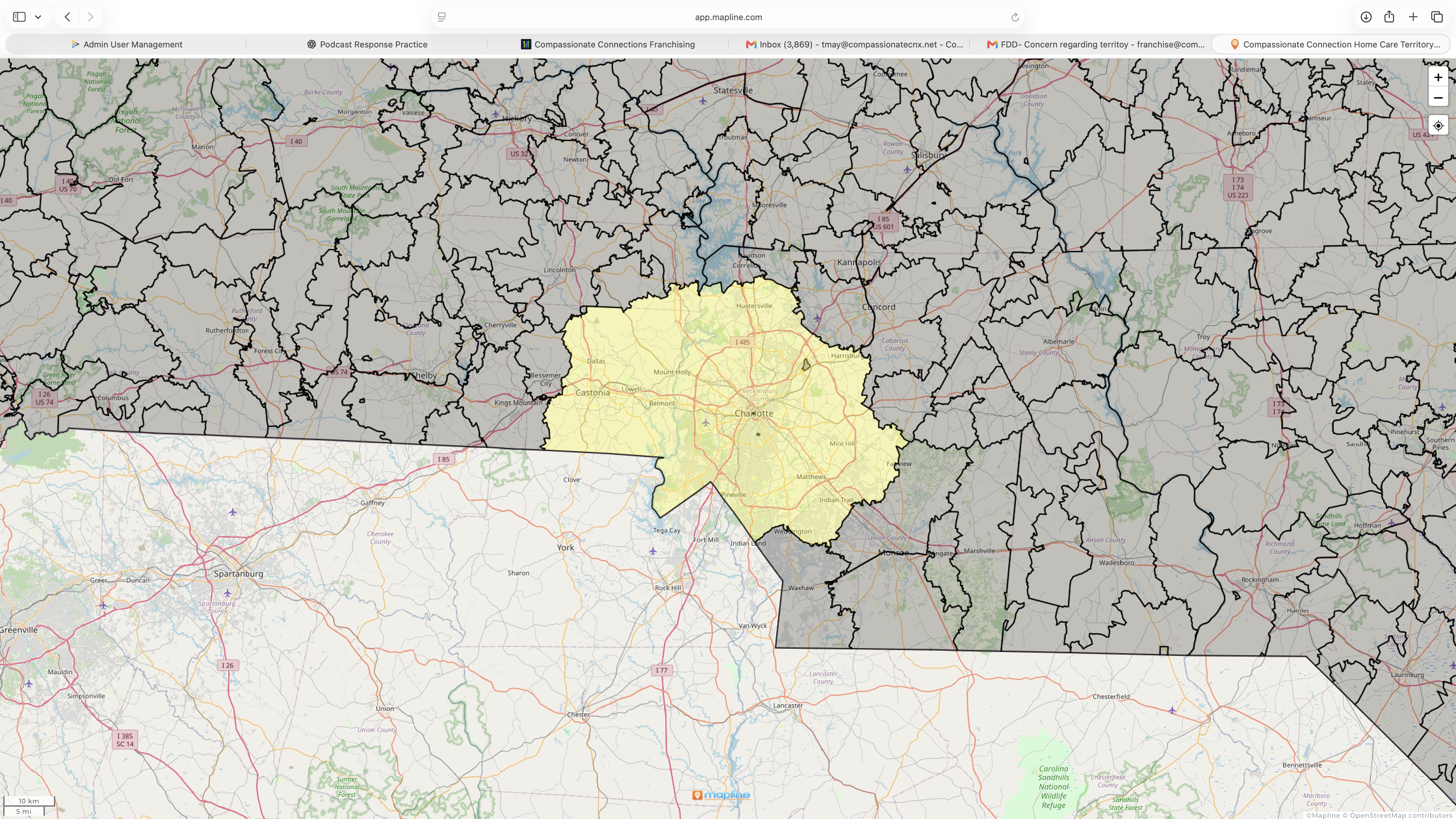 Compassionate Connections Charlotte franchise official territory map