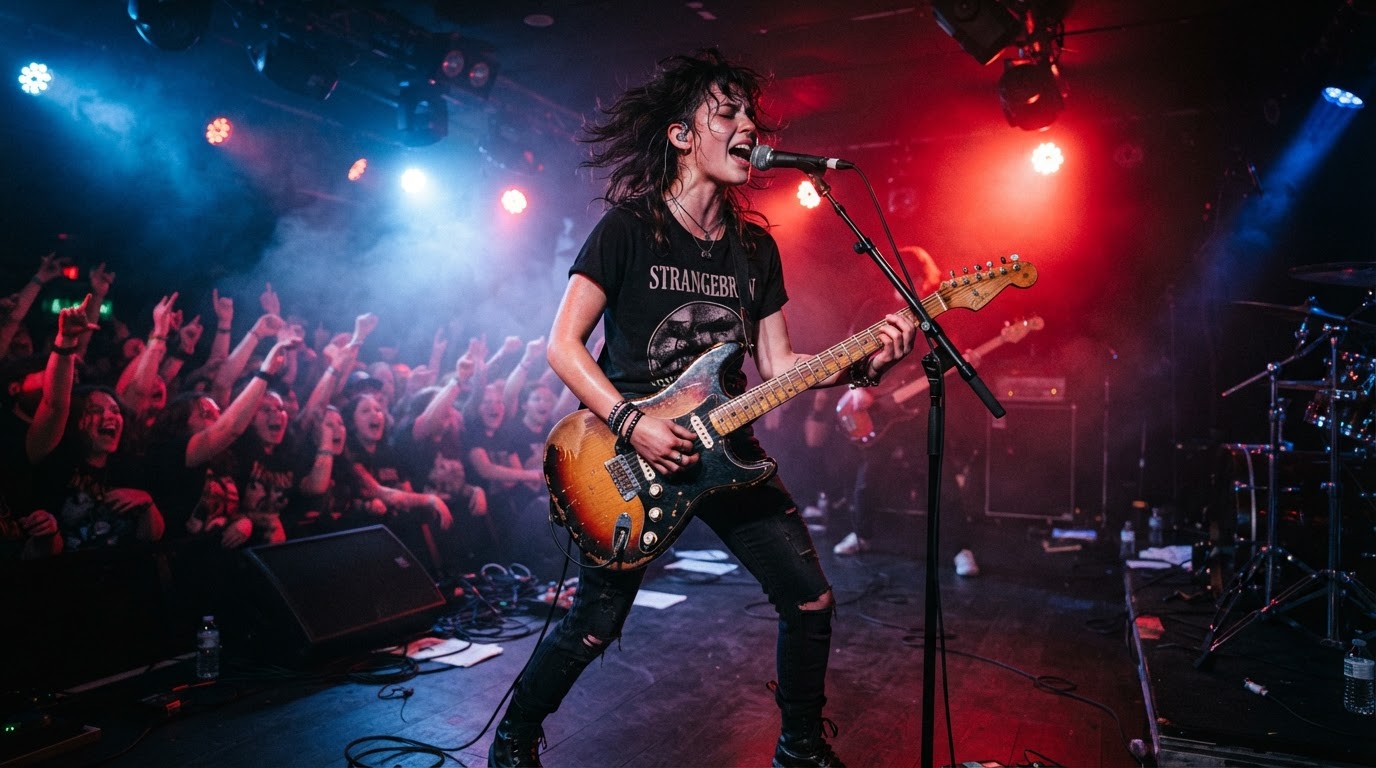 Live musician performance under red stage lights