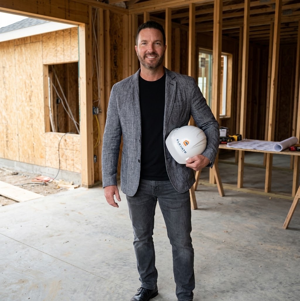 President of Elevate Construction on-site in framed house holding hard hat