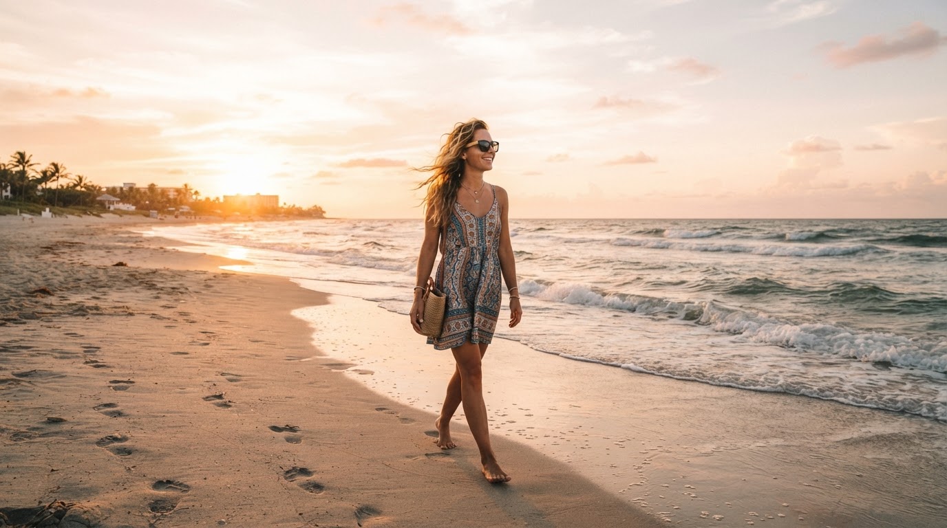 A person walking a sunny Florida beach shoreline at golden hour wearing DreamLife Vision sunglasses