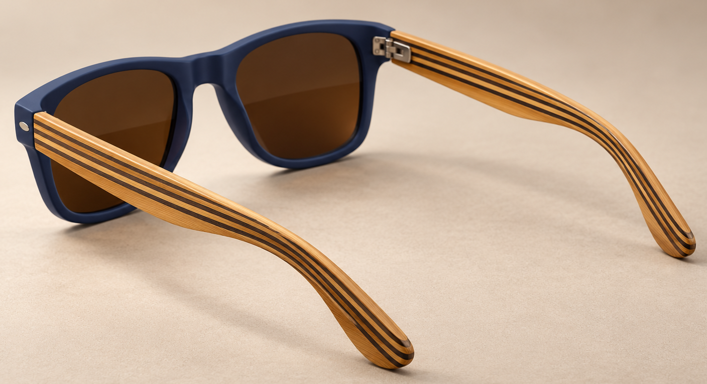 Close-up of the natural bamboo arm of a DreamLife Vision sunglasses temple