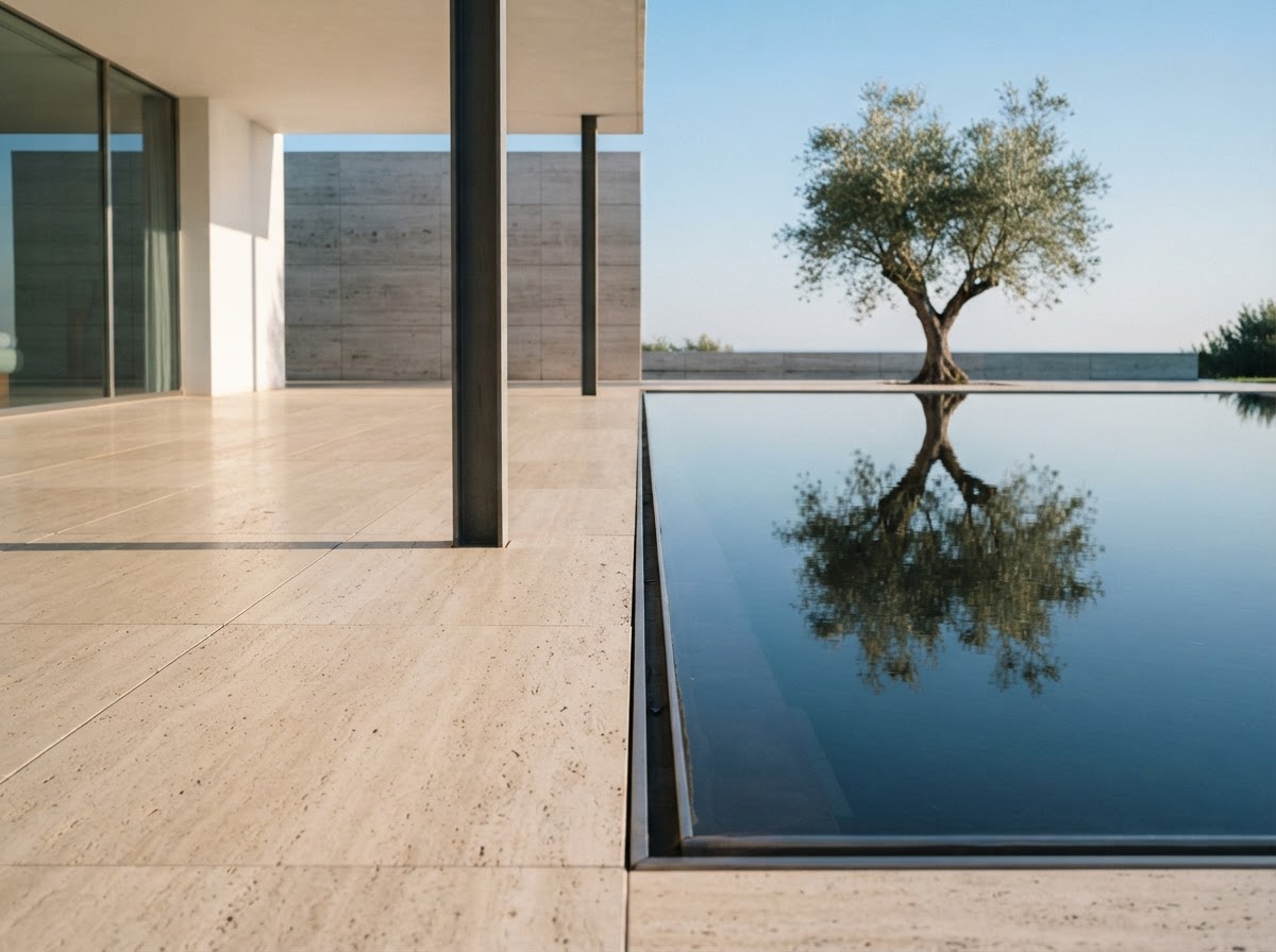 Pavillon d'Olivier detail of travertine meeting the still reflecting pool
