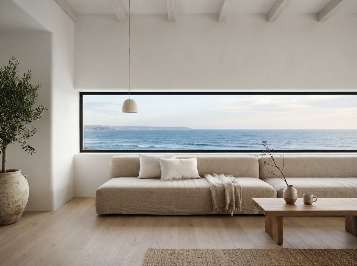 Maison Atlantique living room with a long horizontal window onto the ocean