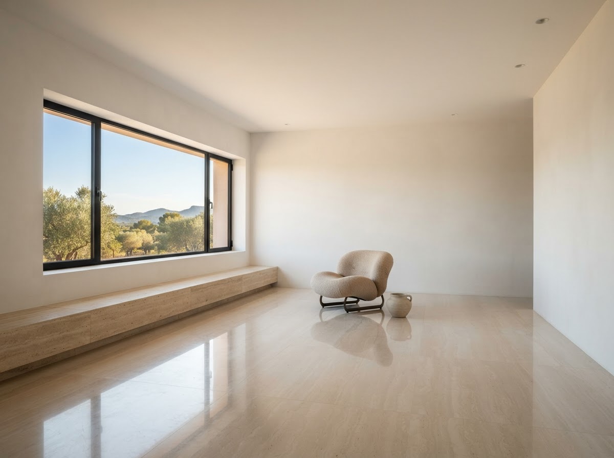 Villa Ifrah living room with polished limestone floors and a horizontal window