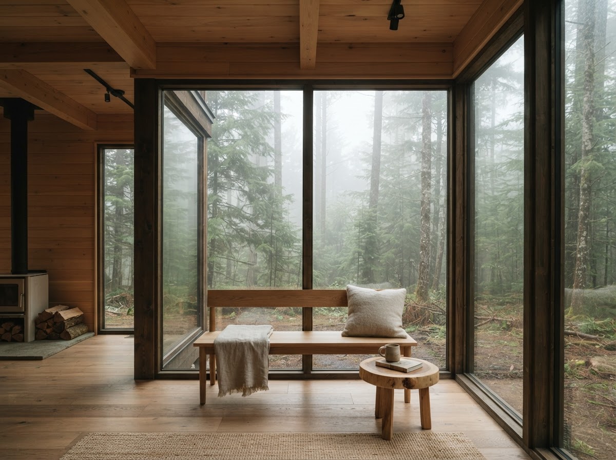 Maison Cèdre interior with warm wood walls and a window onto the pine forest