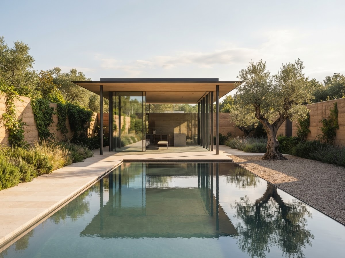Pavillon d'Olivier, a glass pavilion beside a still pool